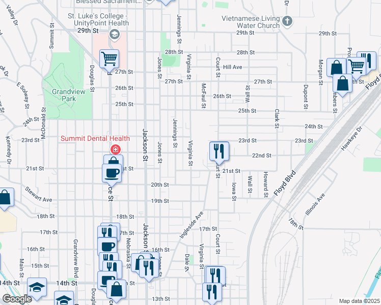 map of restaurants, bars, coffee shops, grocery stores, and more near 998 22nd St in Sioux City