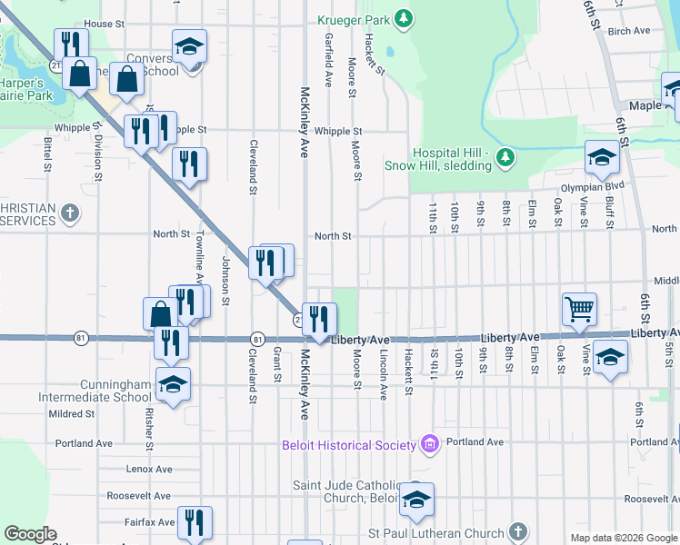 map of restaurants, bars, coffee shops, grocery stores, and more near 1215 Garfield Avenue in Beloit