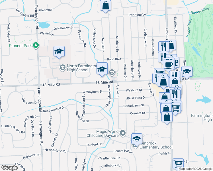 map of restaurants, bars, coffee shops, grocery stores, and more near 32251 West 13 Mile Road in Farmington Hills