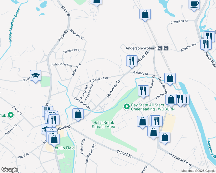 map of restaurants, bars, coffee shops, grocery stores, and more near 4 Tedesco Drive in Woburn