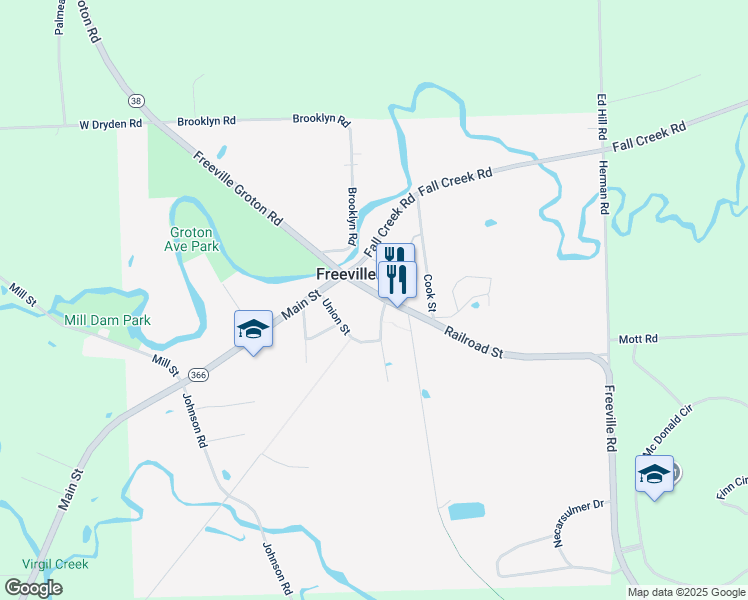 map of restaurants, bars, coffee shops, grocery stores, and more near 12 Railroad Street in Freeville