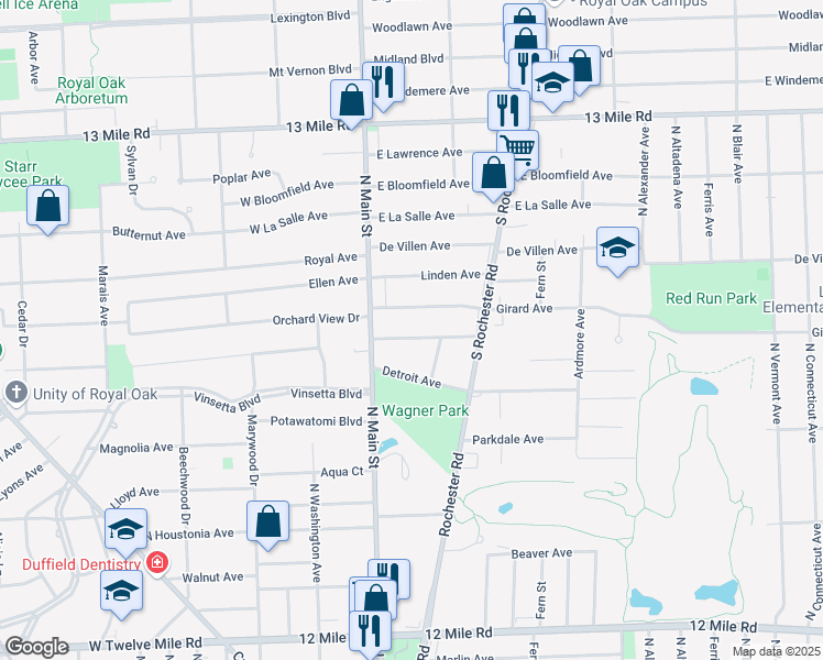 map of restaurants, bars, coffee shops, grocery stores, and more near 201 East Webster Road in Royal Oak