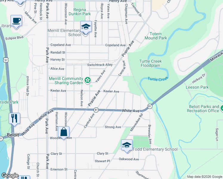 map of restaurants, bars, coffee shops, grocery stores, and more near 1545 Keeler Avenue in Beloit