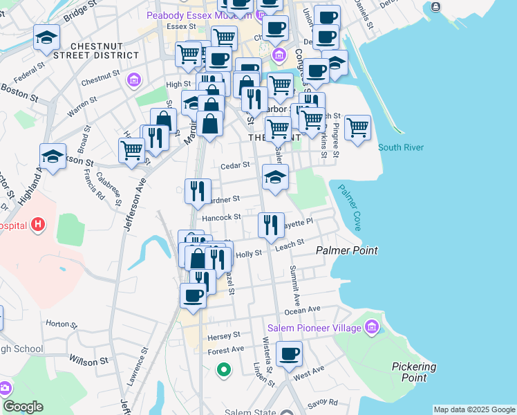 map of restaurants, bars, coffee shops, grocery stores, and more near 6 Hancock Street in Salem