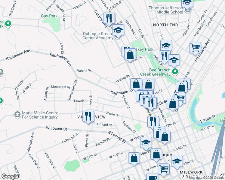 map of restaurants, bars, coffee shops, grocery stores, and more near 321 Kaufmann Avenue in Dubuque