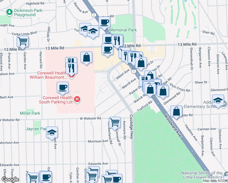 map of restaurants, bars, coffee shops, grocery stores, and more near 3105 Coolidge Highway in Royal Oak