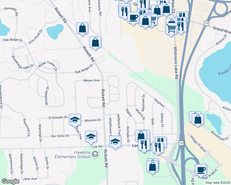 map of restaurants, bars, coffee shops, grocery stores, and more near 613 Woodberry Lane in Brighton