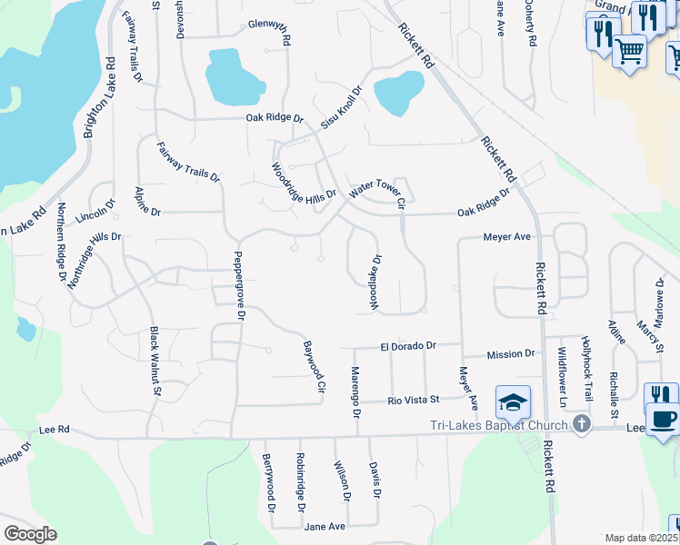 map of restaurants, bars, coffee shops, grocery stores, and more near 1614 Whispering Oaks Drive in Brighton