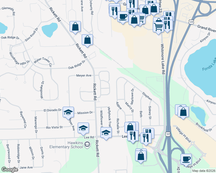 map of restaurants, bars, coffee shops, grocery stores, and more near 613 Woodberry Lane in Brighton