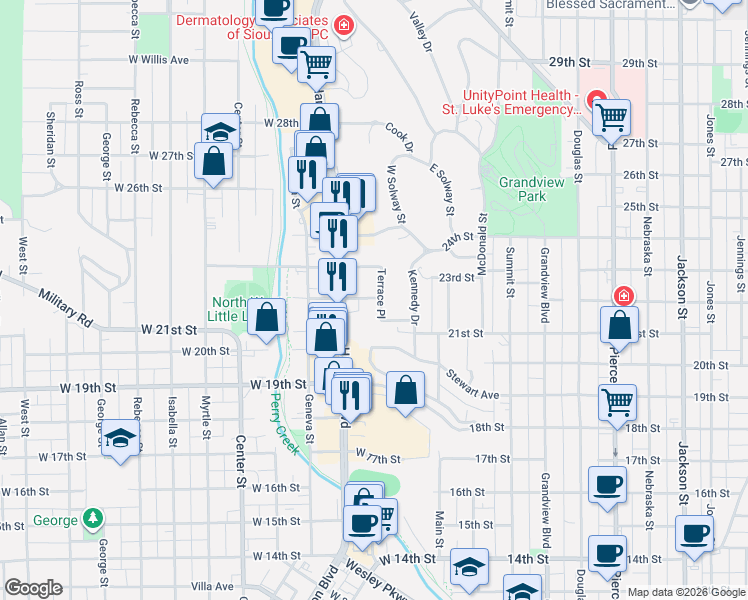 map of restaurants, bars, coffee shops, grocery stores, and more near 200-244 West 22nd Street in Sioux City