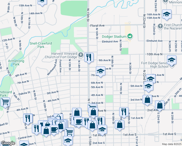 map of restaurants, bars, coffee shops, grocery stores, and more near 1518 7th Avenue North in Fort Dodge