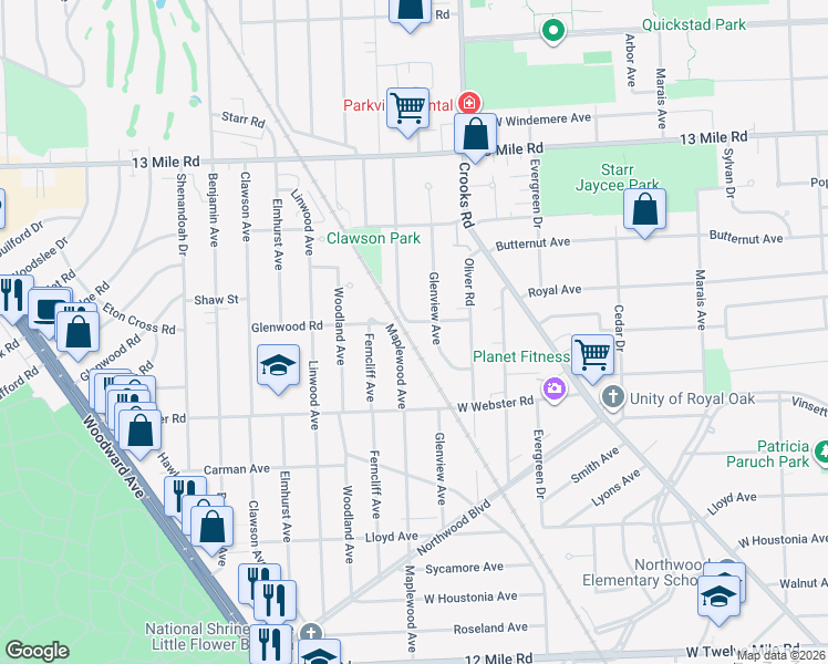 map of restaurants, bars, coffee shops, grocery stores, and more near 2713 Maplewood Avenue in Royal Oak