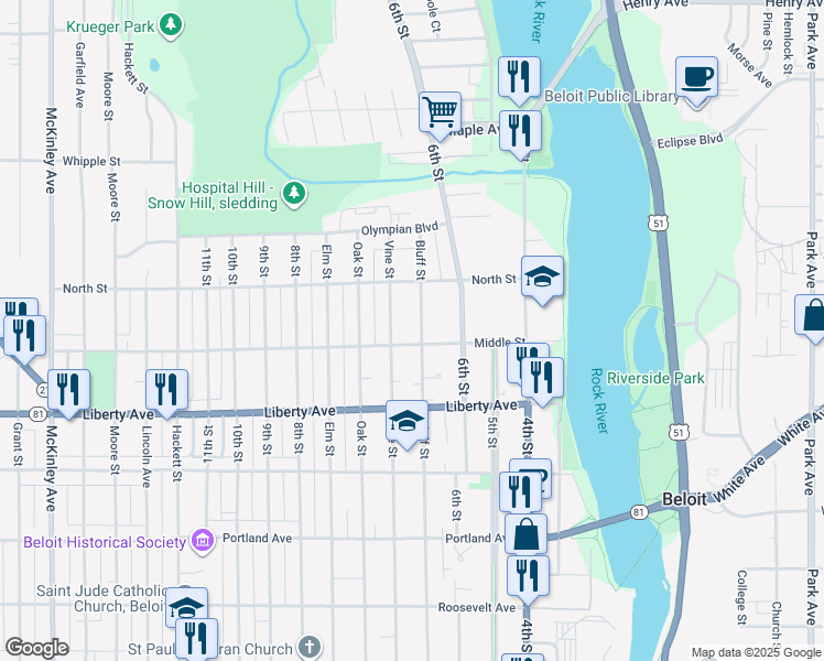 map of restaurants, bars, coffee shops, grocery stores, and more near 1203 Vine Street in Beloit