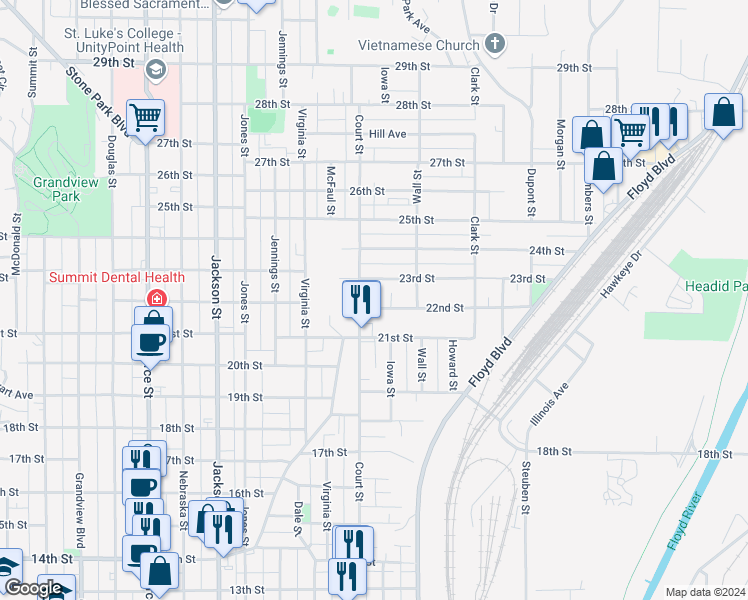 map of restaurants, bars, coffee shops, grocery stores, and more near 2124 Court Street in Sioux City