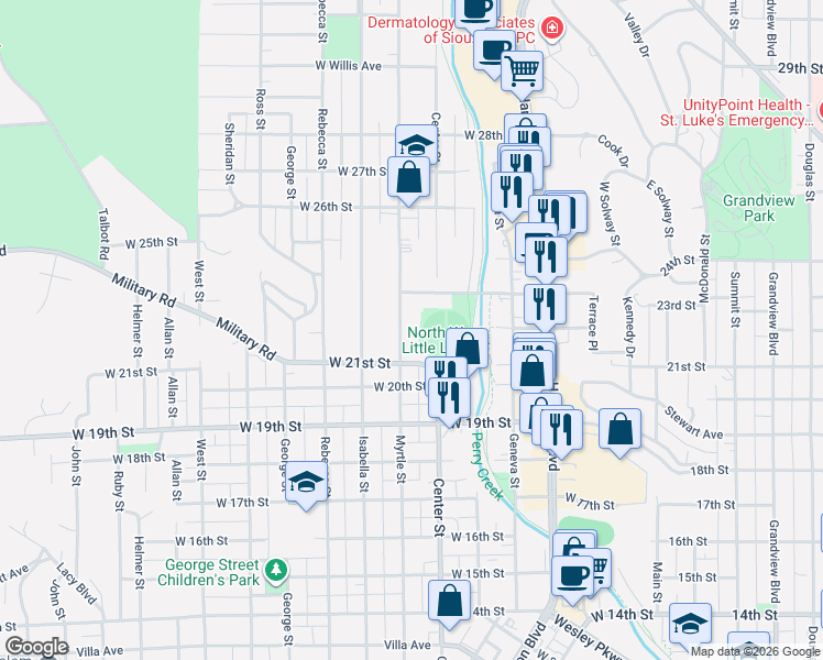 map of restaurants, bars, coffee shops, grocery stores, and more near 1101 West 21st Street in Sioux City