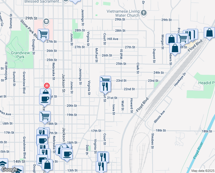 map of restaurants, bars, coffee shops, grocery stores, and more near 2200 Court Street in Sioux City