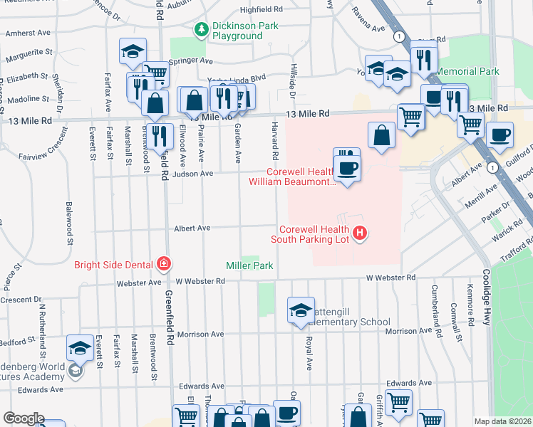 map of restaurants, bars, coffee shops, grocery stores, and more near 4014 Albert Avenue in Royal Oak