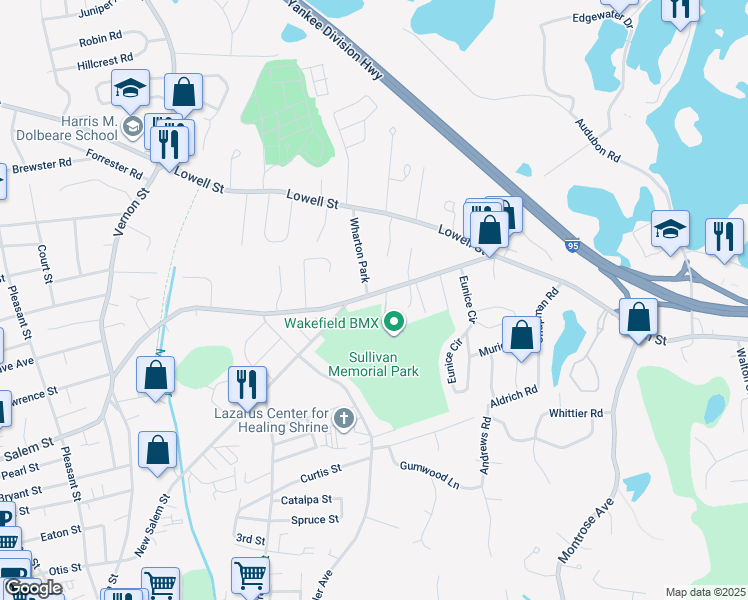map of restaurants, bars, coffee shops, grocery stores, and more near 266 Salem Street in Wakefield
