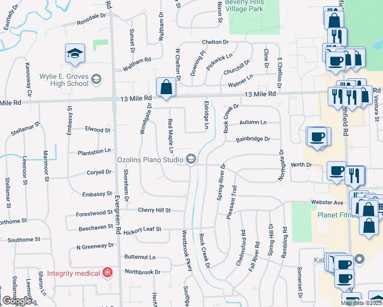 map of restaurants, bars, coffee shops, grocery stores, and more near 30430 Red Maple Lane in Southfield