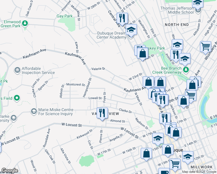map of restaurants, bars, coffee shops, grocery stores, and more near 2295 Foye Street in Dubuque