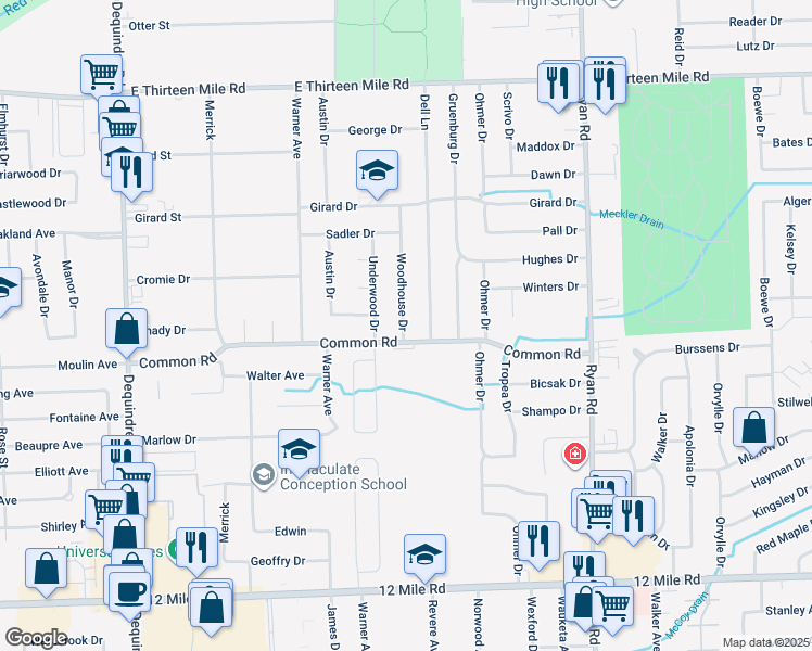 map of restaurants, bars, coffee shops, grocery stores, and more near 30010 Woodhouse Drive in Warren