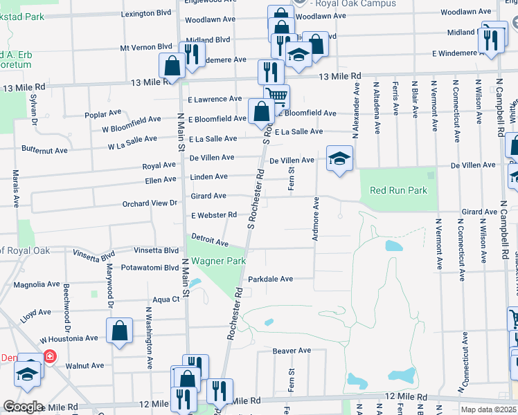 map of restaurants, bars, coffee shops, grocery stores, and more near 2618 Rochester Road in Royal Oak