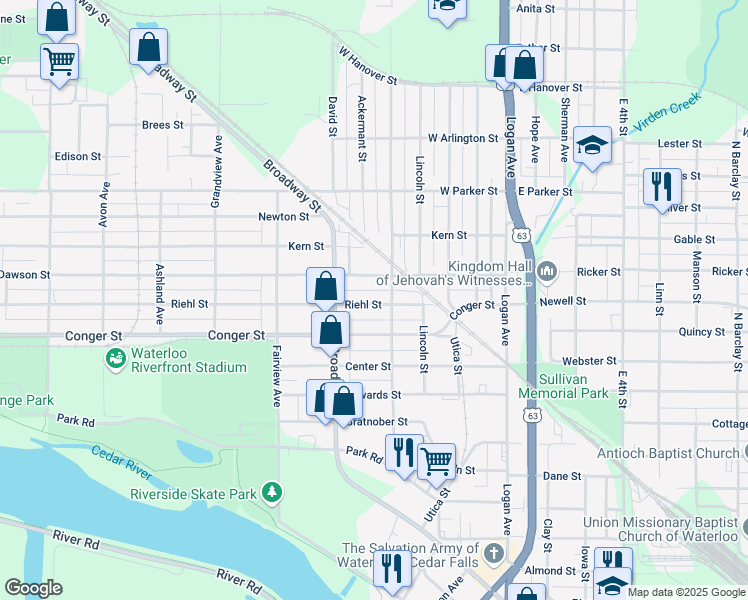 map of restaurants, bars, coffee shops, grocery stores, and more near 725 Columbia Street in Waterloo