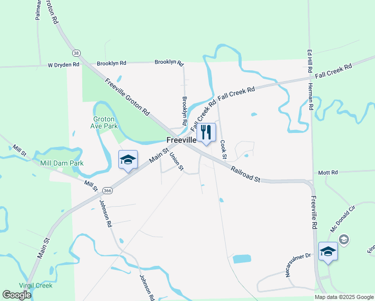 map of restaurants, bars, coffee shops, grocery stores, and more near 12 Railroad Street in Freeville
