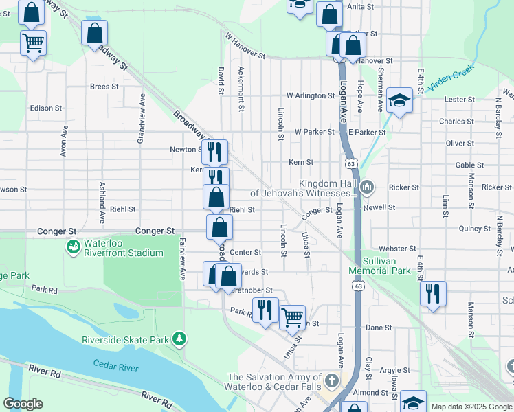 map of restaurants, bars, coffee shops, grocery stores, and more near 725 Columbia Street in Waterloo