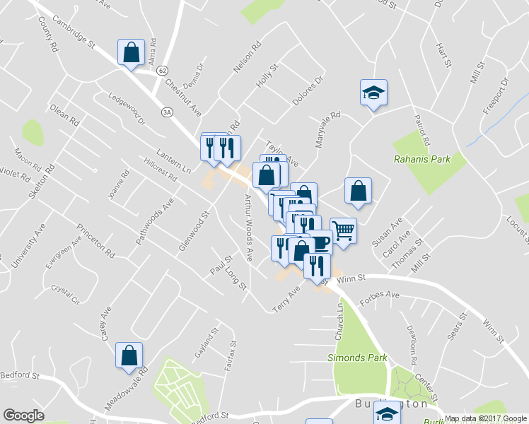 map of restaurants, bars, coffee shops, grocery stores, and more near 257 Cambridge Street in Burlington