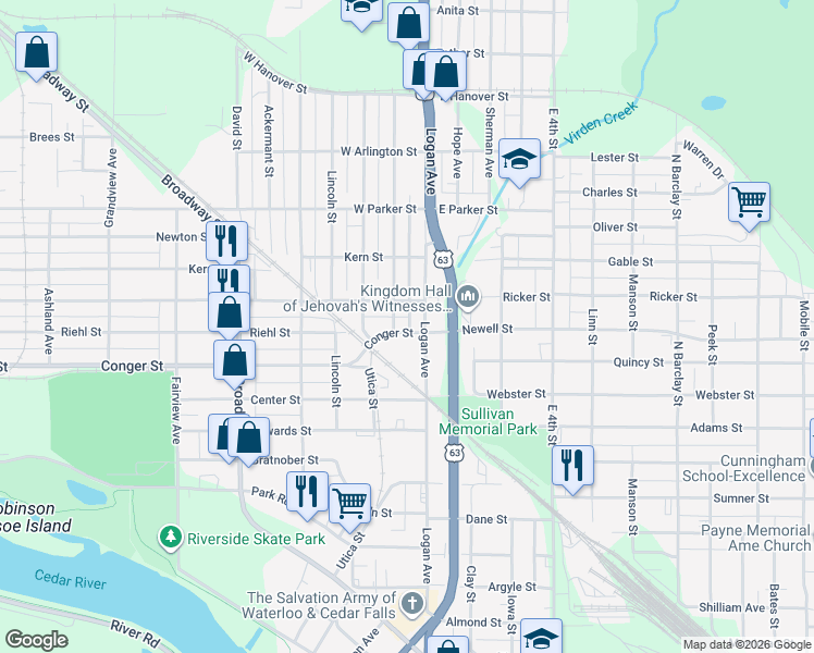 map of restaurants, bars, coffee shops, grocery stores, and more near 117 Conger St in Waterloo