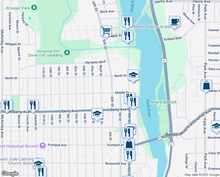 map of restaurants, bars, coffee shops, grocery stores, and more near 1212 6th Street in Beloit