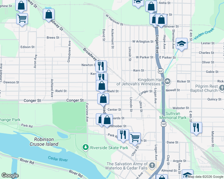 map of restaurants, bars, coffee shops, grocery stores, and more near 438 Riehl Street in Waterloo
