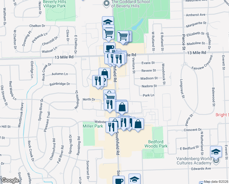 map of restaurants, bars, coffee shops, grocery stores, and more near 30455 Southfield Road in Southfield