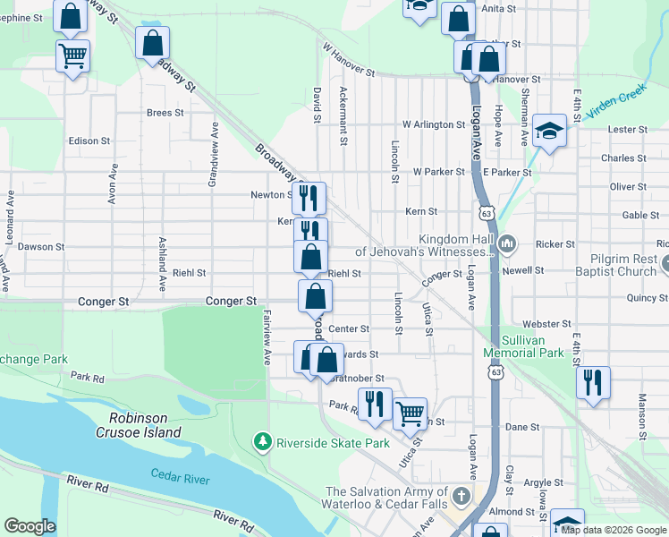 map of restaurants, bars, coffee shops, grocery stores, and more near 438 Riehl Street in Waterloo