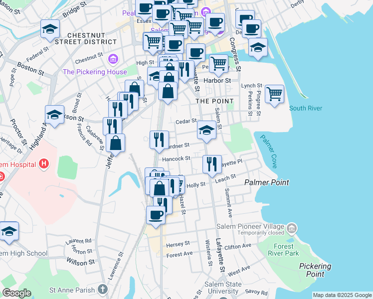 map of restaurants, bars, coffee shops, grocery stores, and more near 25 Cabot Street in Salem
