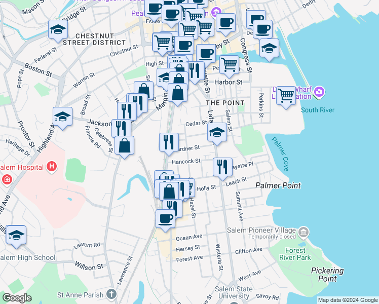 map of restaurants, bars, coffee shops, grocery stores, and more near 25 Cabot Street in Salem