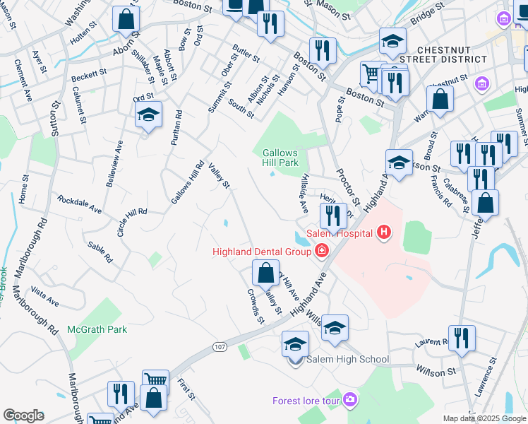 map of restaurants, bars, coffee shops, grocery stores, and more near 51 Valley Street in Salem
