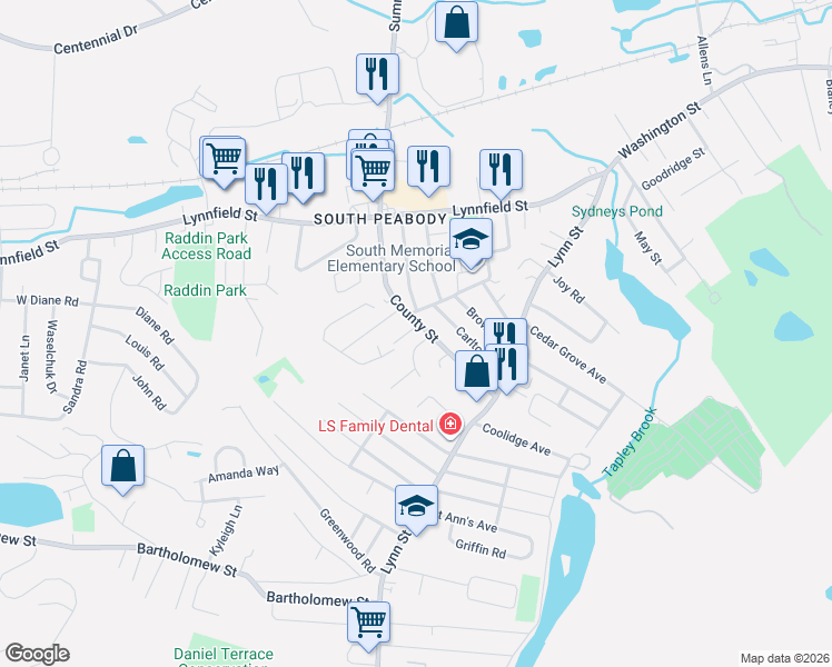 map of restaurants, bars, coffee shops, grocery stores, and more near 32 County Street in Peabody