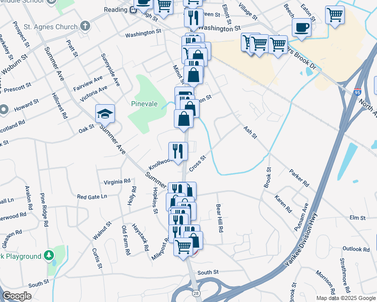 map of restaurants, bars, coffee shops, grocery stores, and more near 231 Main Street in Reading