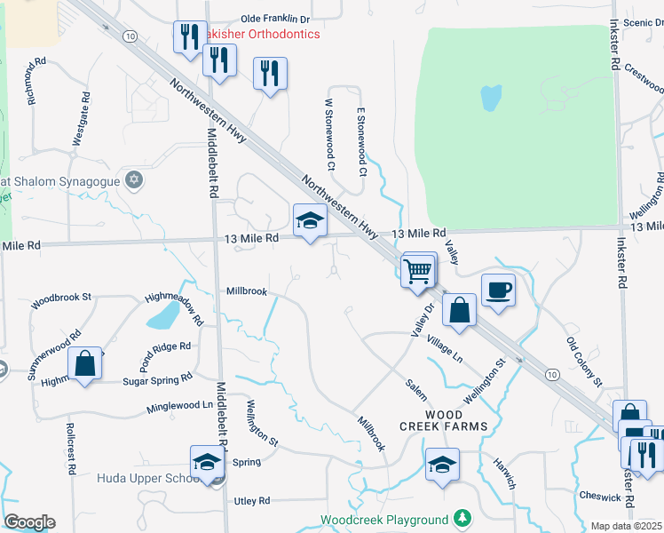 map of restaurants, bars, coffee shops, grocery stores, and more near 29400 Windmill Court in Farmington Hills