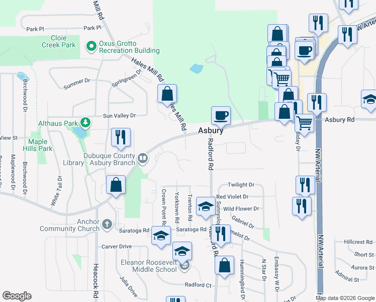 map of restaurants, bars, coffee shops, grocery stores, and more near 5135 Asbury Rd in Dubuque