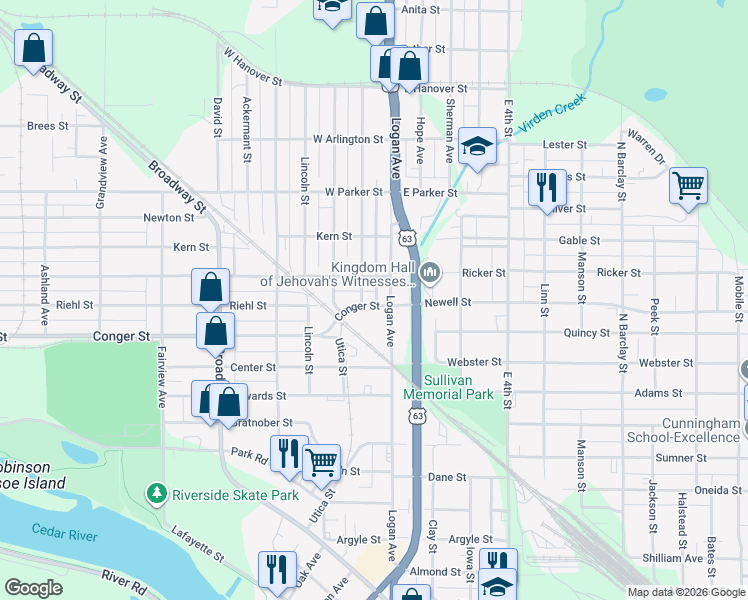 map of restaurants, bars, coffee shops, grocery stores, and more near 117 Conger St in Waterloo