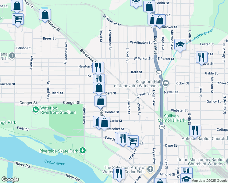 map of restaurants, bars, coffee shops, grocery stores, and more near 725 Columbia Street in Waterloo