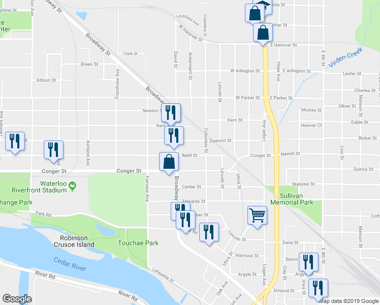 map of restaurants, bars, coffee shops, grocery stores, and more near 438 Riehl Street in Waterloo