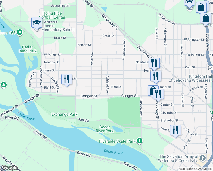 map of restaurants, bars, coffee shops, grocery stores, and more near 819-823 Riehl Street in Waterloo