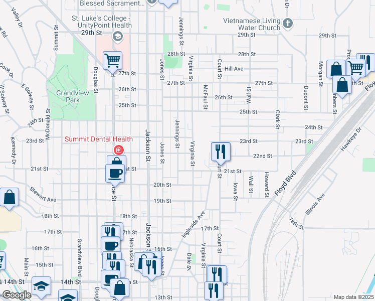 map of restaurants, bars, coffee shops, grocery stores, and more near 950-998 22nd St in Sioux City