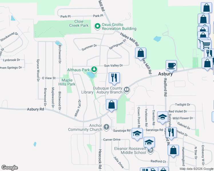 map of restaurants, bars, coffee shops, grocery stores, and more near 2450 Springreen Drive in Asbury