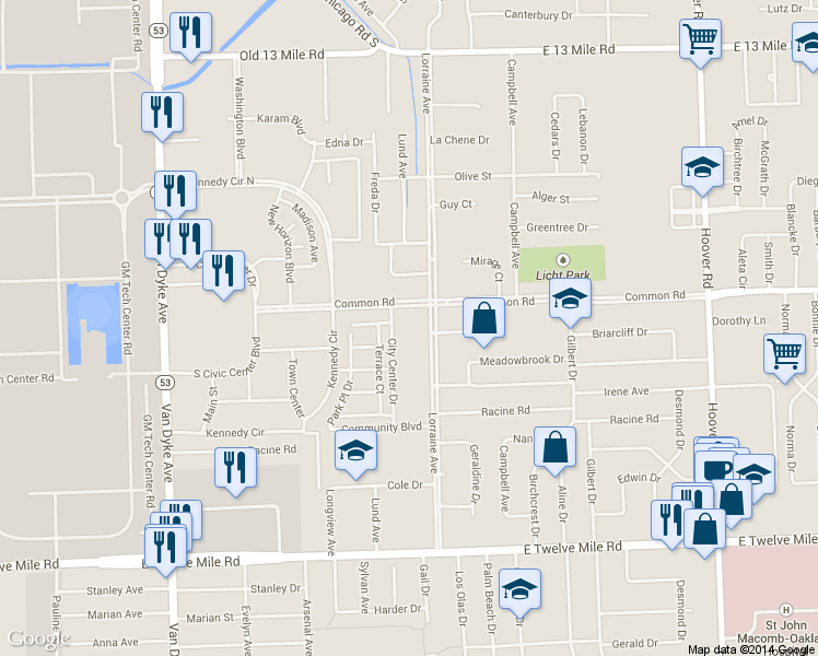 map of restaurants, bars, coffee shops, grocery stores, and more near 29901 Lorraine Ave in Warren