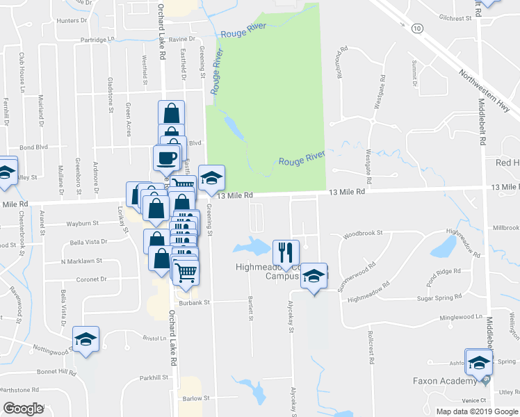 map of restaurants, bars, coffee shops, grocery stores, and more near 29399 Glen Oaks Boulevard East in Farmington Hills